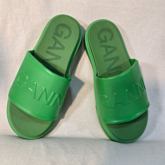 GANNI Green Vegea Slides Embossed Logo Slip-On Flat Platform Sandals Size 8.5/9. - Picture 10 of 16